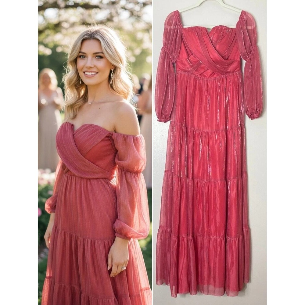 Alamour Dress M Pink Gown Aleeza Iridescent Mesh Milkmaid Cottage Wedding Guest